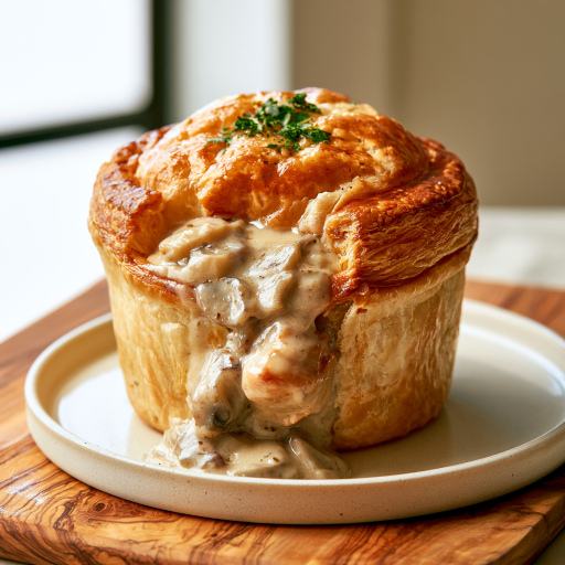 a puff pastry case filled with chicken ragout