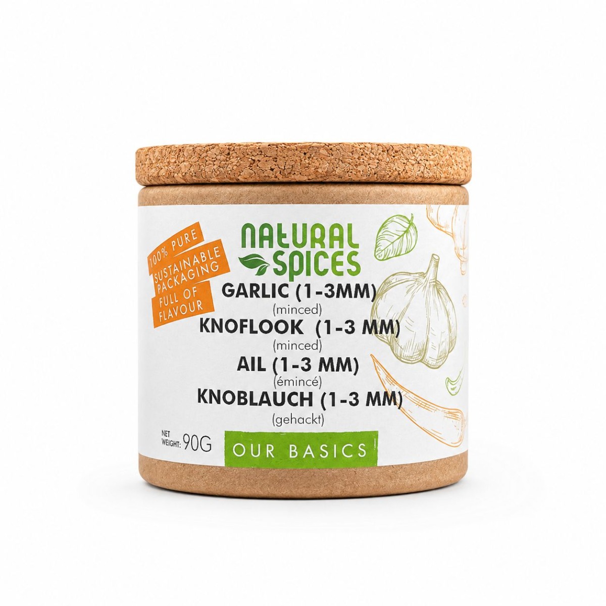 minced garlic, garlic granulate in a cardboard jar with cork lid