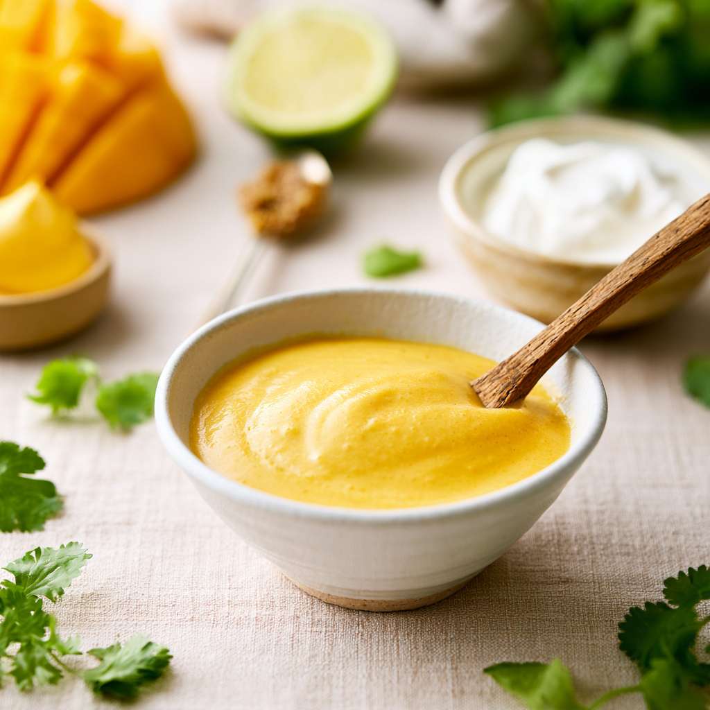creamy mango mayo dressing in a small bowl with a wooden spoon