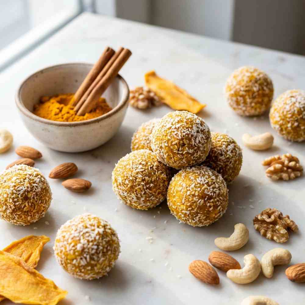 mango & nut energy balls with cinnamon and turmeric, arranged on a light stone or marble surface. The energy balls have a warm golden hue from turmeric, and are covered with desiccated coconut