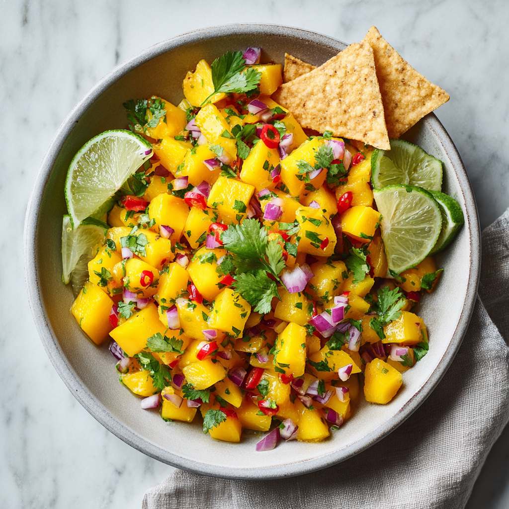 mango salso met tortilla chips en lime in een aardewerk schaal