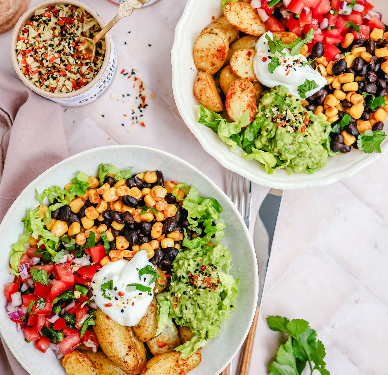 Mexican bowls with potato and guacamole
