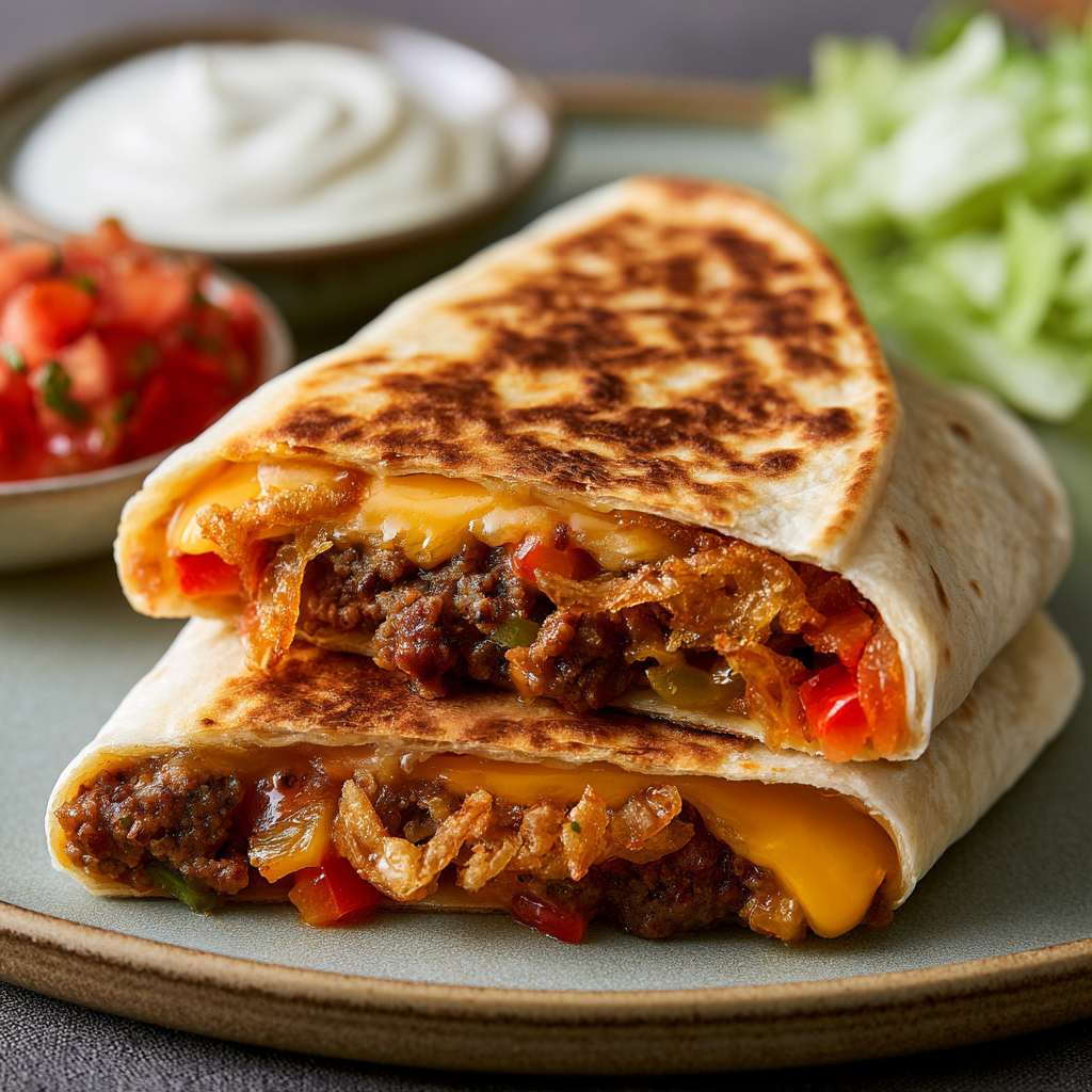mexican beef tortilla wrap cut open, juicy seasoned minced beef filling with red peppers and spices visible, melted grated cheese on top with a drizzle of rich tomato salsa,