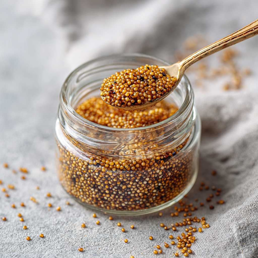 zelfgemaakte mosterdkaviaar met bruine en gele mosterdzaadjes