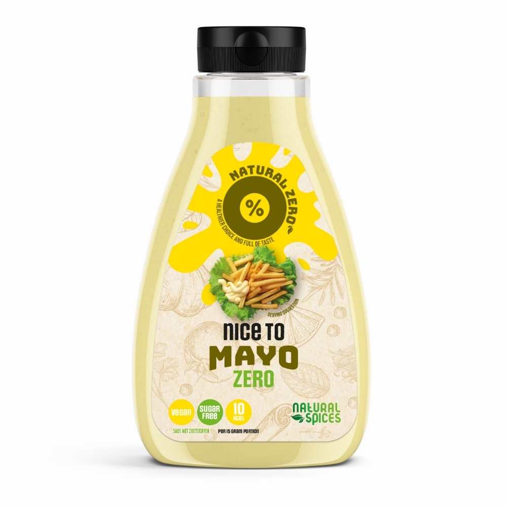Fles Nice to Mayo Zero van Natural Spices met zwarte dop op witte achtergrond, voorzien van labels “low-calorie”, “sugar free” en “10 kcal”, geschikt voor een vegan en caloriearm dieet.
