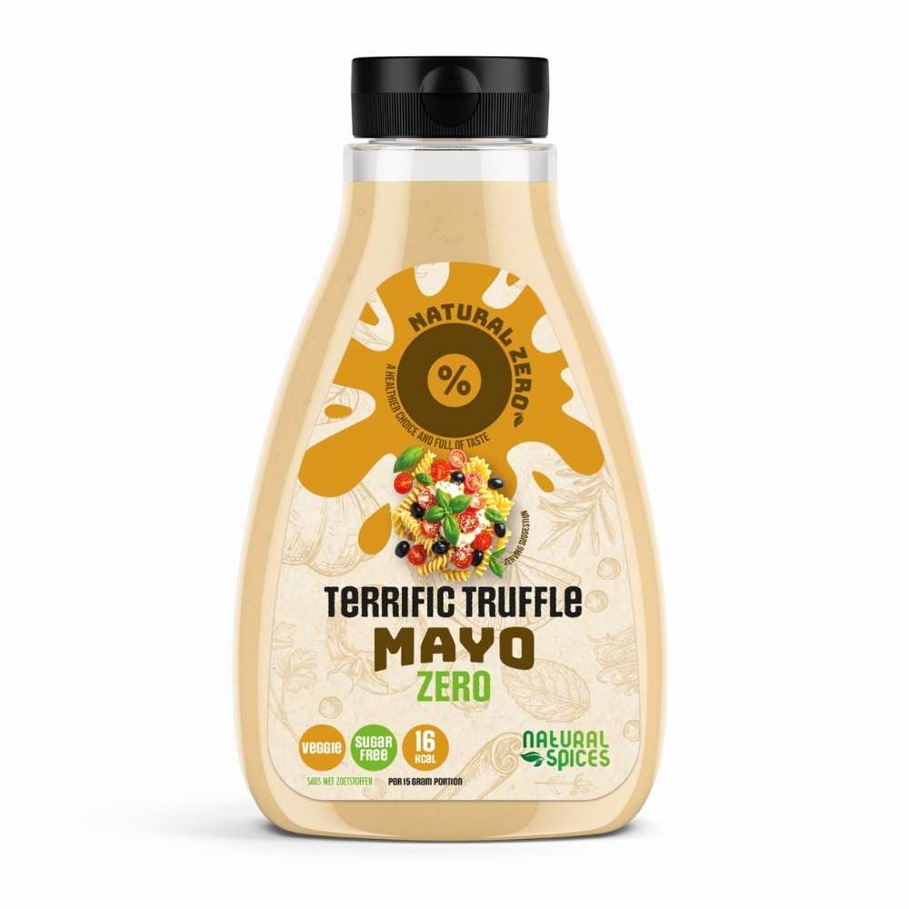 Fles Terrific Truffle Mayo Zero van Natural Spices met zwarte dop op witte achtergrond, voorzien van labels “low-calorie”, “sugar free” en “16 kcal”, vegetarisch en caloriearm.