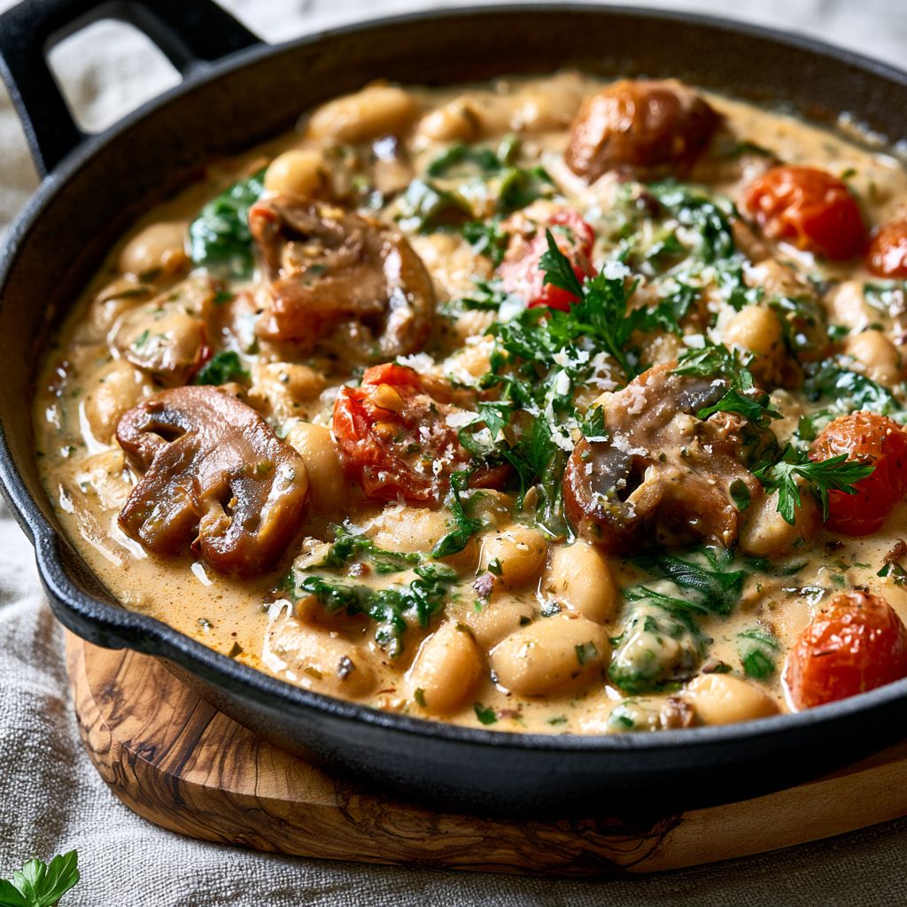 one pan white bean dish with chestnut mushrooms, cherry tomatoes and wilted spinach, served in a modern shallow skillet