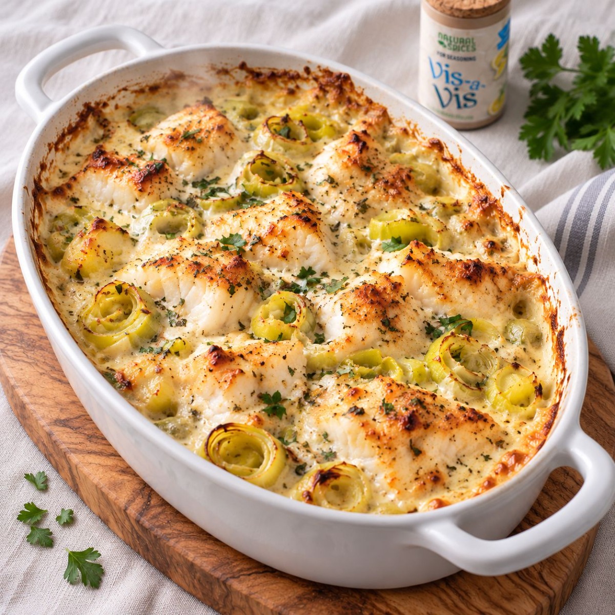 fish casserole with leek and seasoned with Vis a Vis spice mix