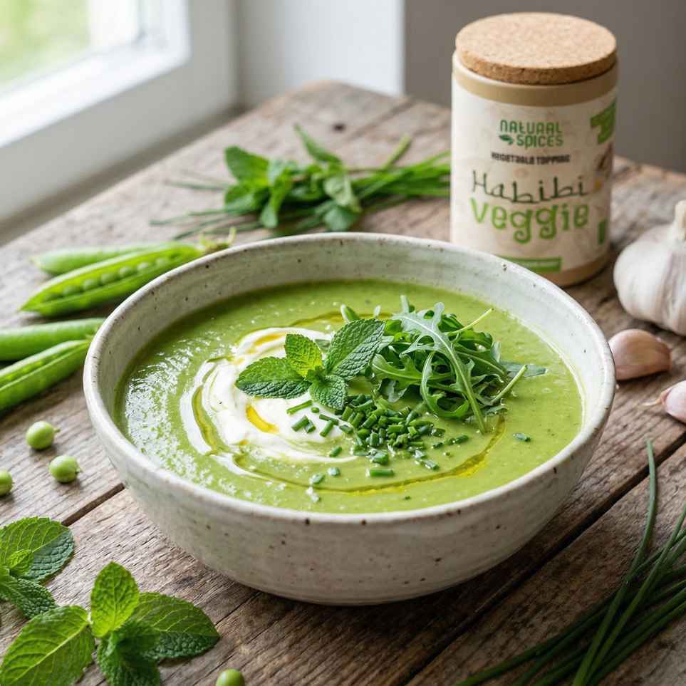 Fresh creamy green pea soup served in a ceramic bowl, vibrant green color, topped with a swirl of crème fraîche, fresh mint leaves, chopped chives and a small handful of arugula.