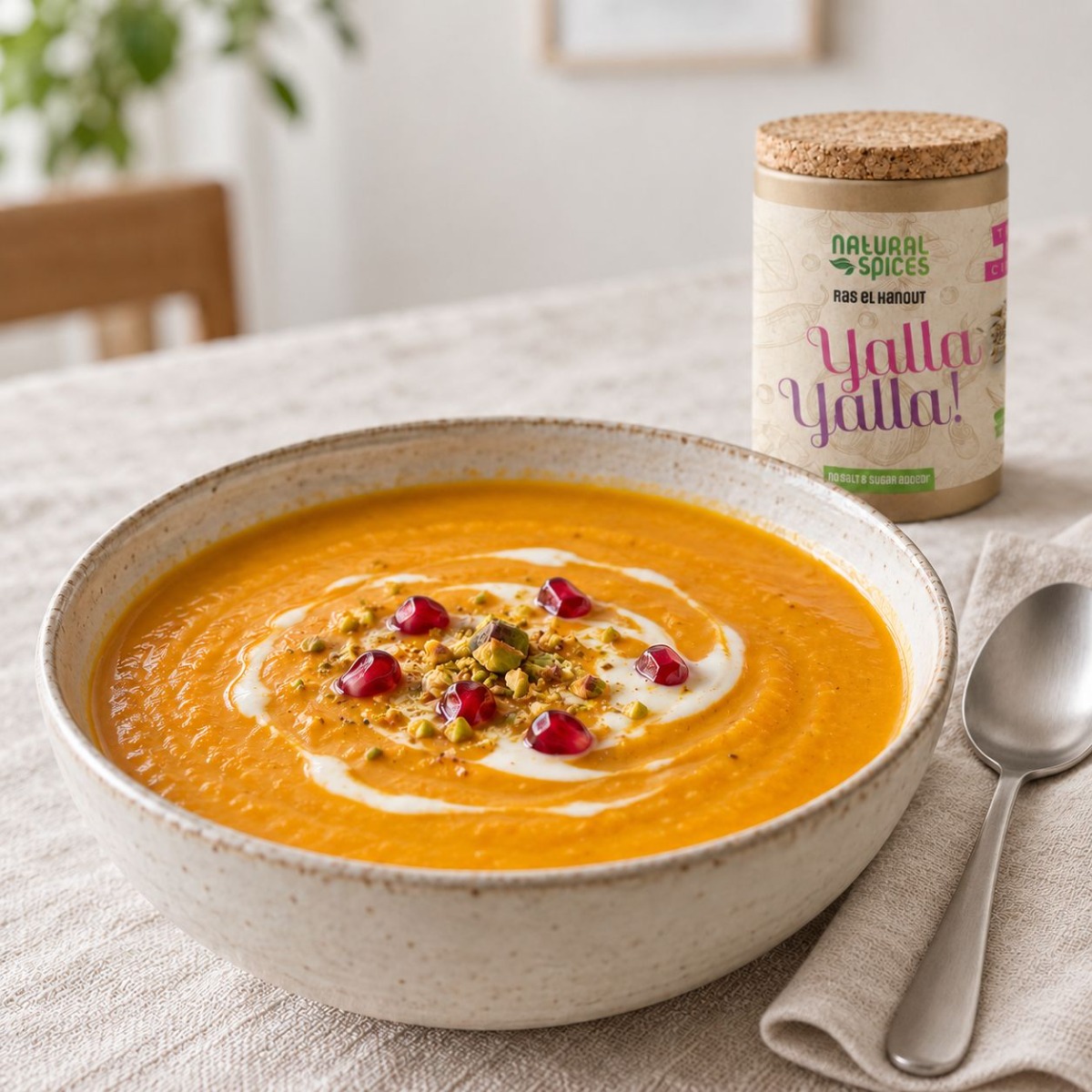 Creamy pumpkin soup with coconut milk, pomegranate seeds and Yalla Yalla Ras el Hanout, served with a linen napkin and spoon.