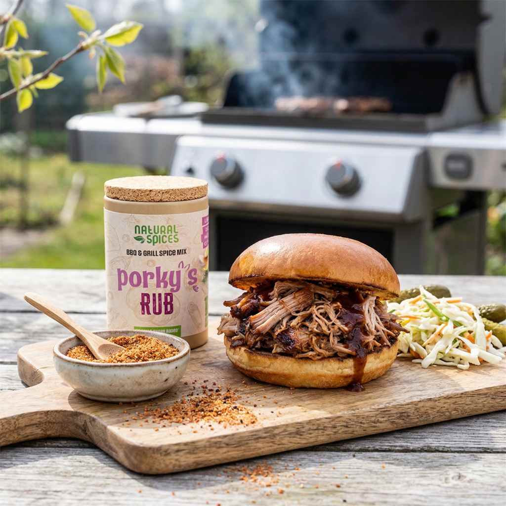 pulled pork bun op houten snijplank met potje Pory's Rub ernaast
