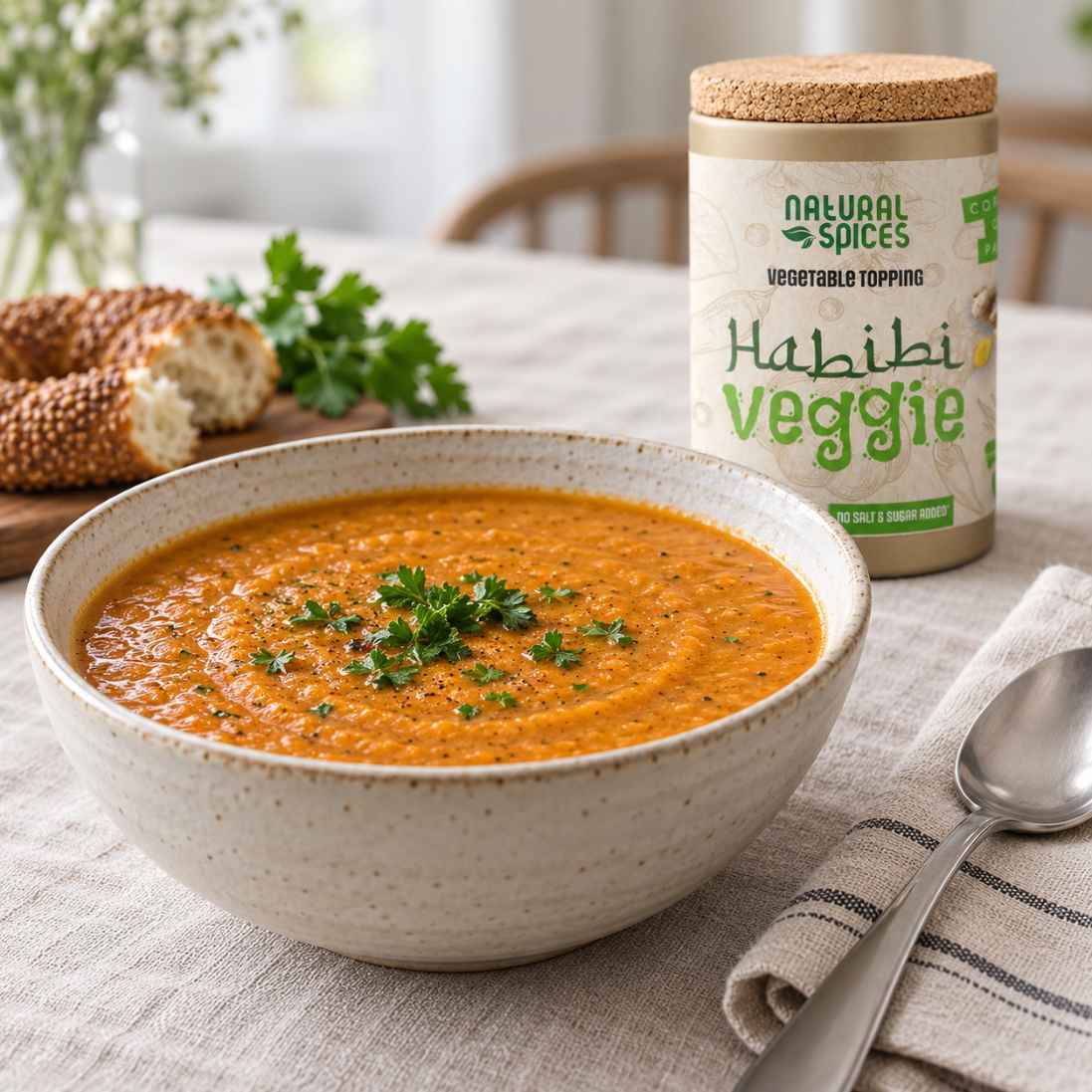 red lentil soup with sweet potato and habibi veggie