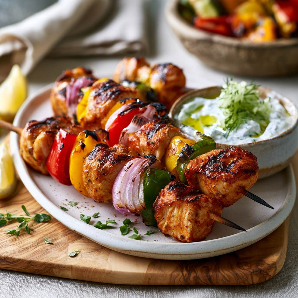 Sirtaki chicken skewers with bell pepper and tzatziki