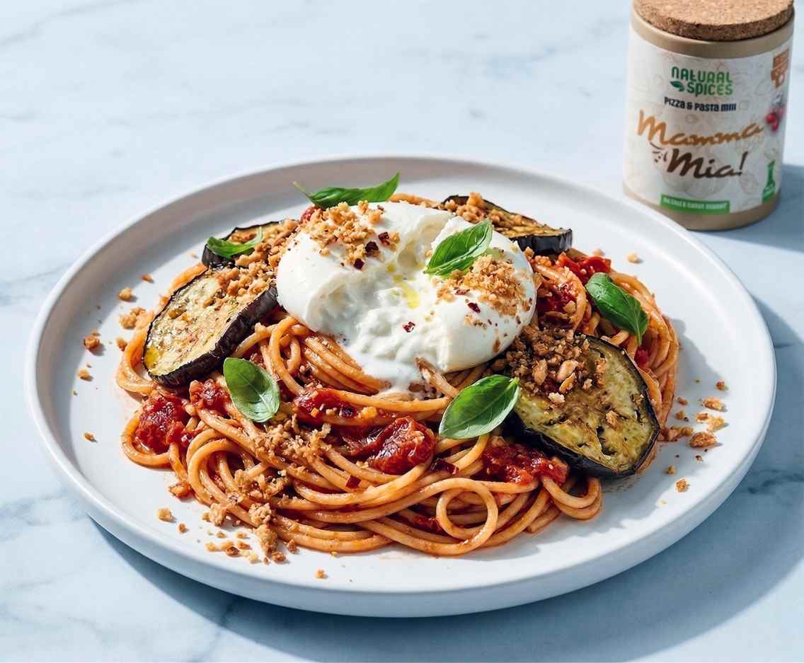 Spaghetti carrettiera à la Loy met burrata, aubergine en geroosterde amandelkruim