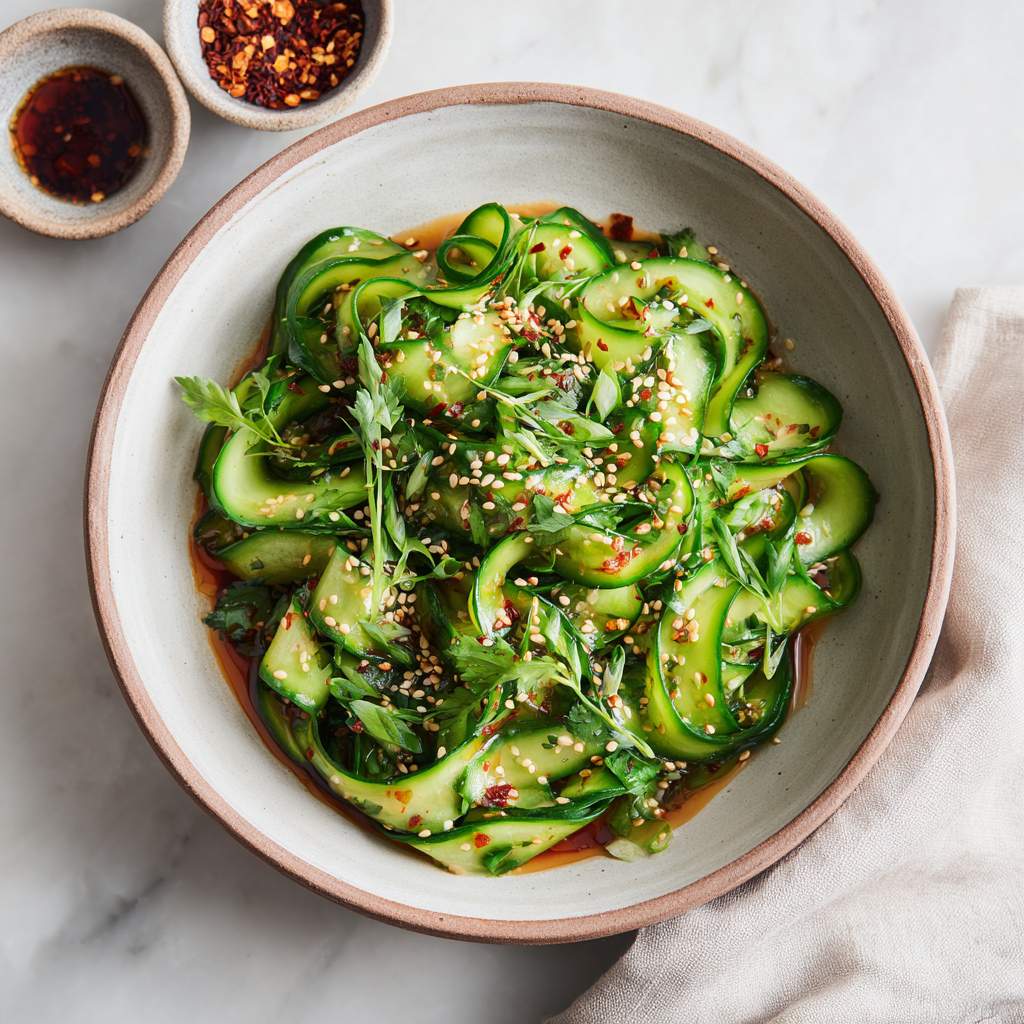 Spicy cucumber salad with chiliflakes in an earthenware bowl