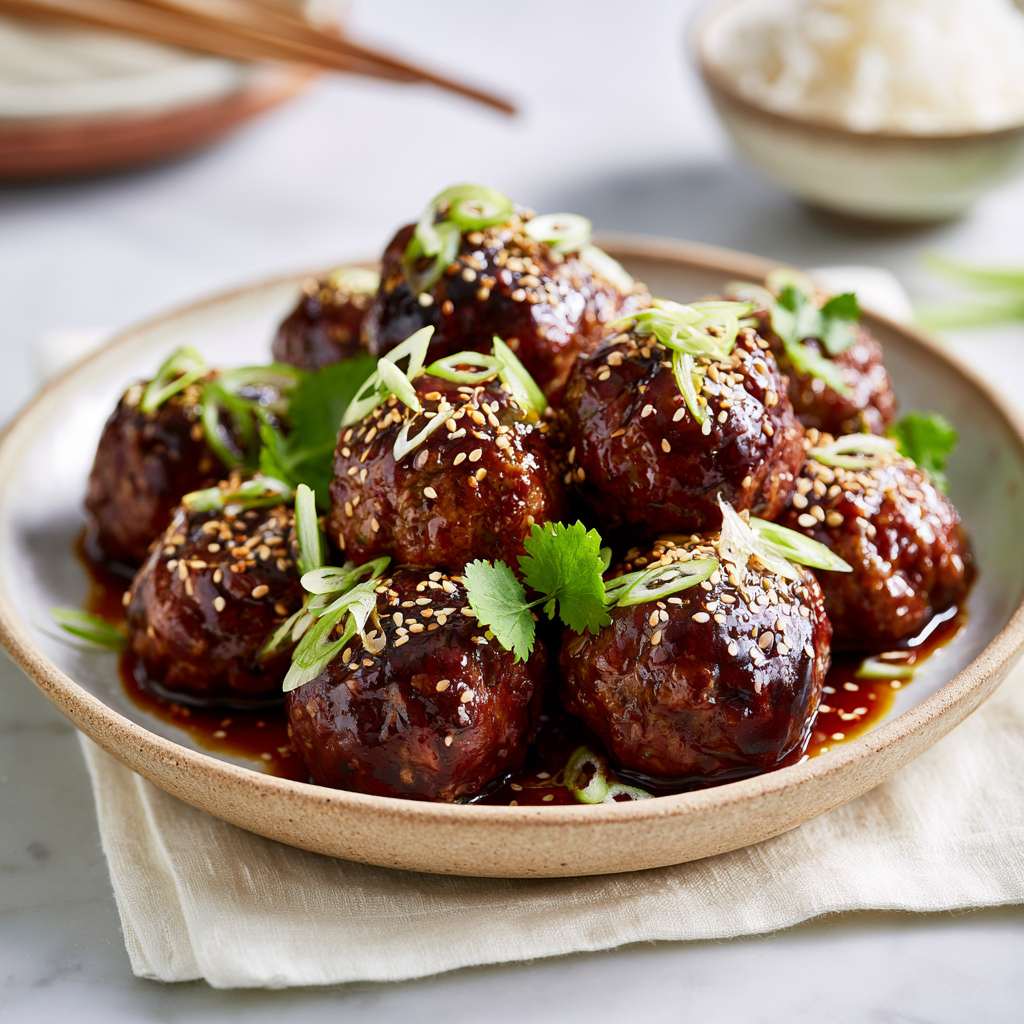 Close-up of sticky Korean meatballs in a ceramic bowl, coated with a glossy dark brown sauce and garnished with sesame seeds, thinly sliced spring onions and fresh cilantro. In the background, a bowl of steamed rice and chopsticks are out of focus.