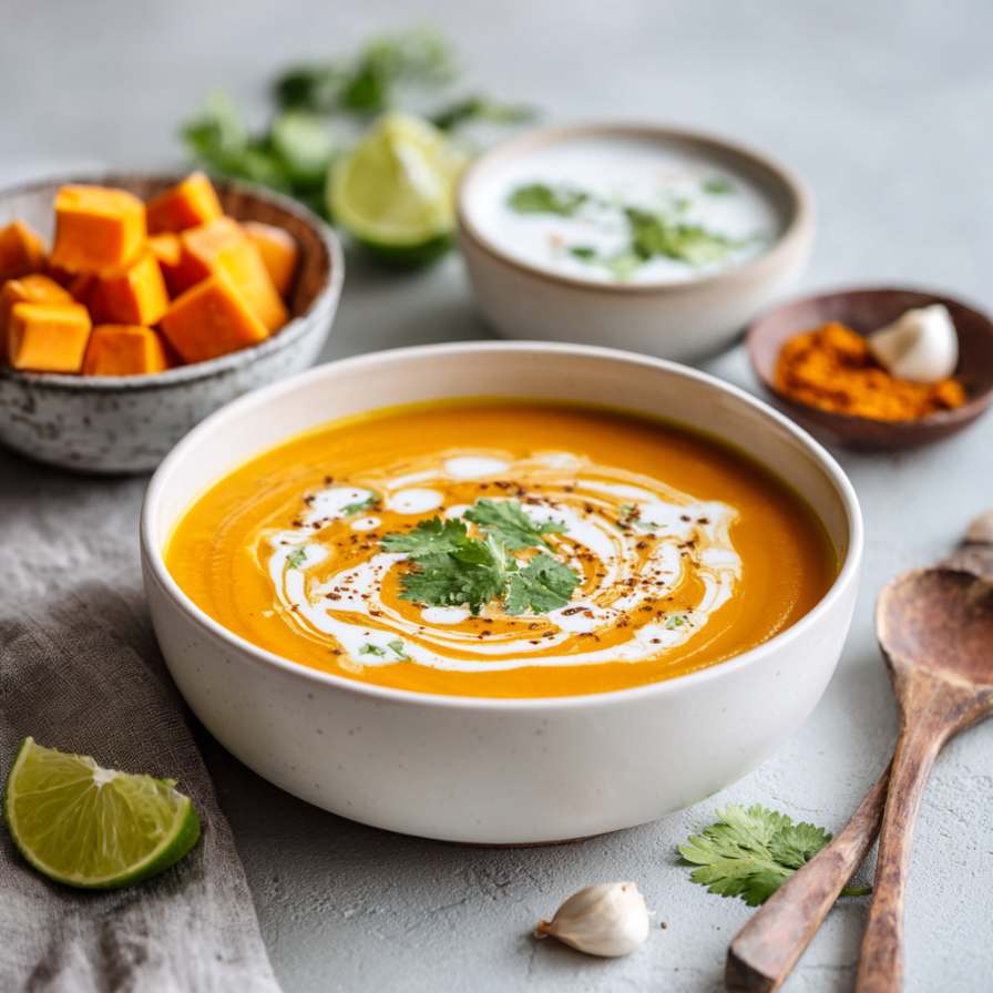 Zoete aardappelsoep met kokosmelk & Indiase twist Zoete aardappelsoep met kokosmelk & Indiase twist