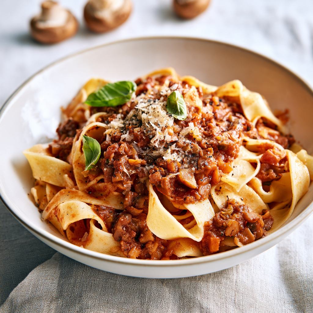 Tagliatelle with mushroom bolognese in a deep bowl