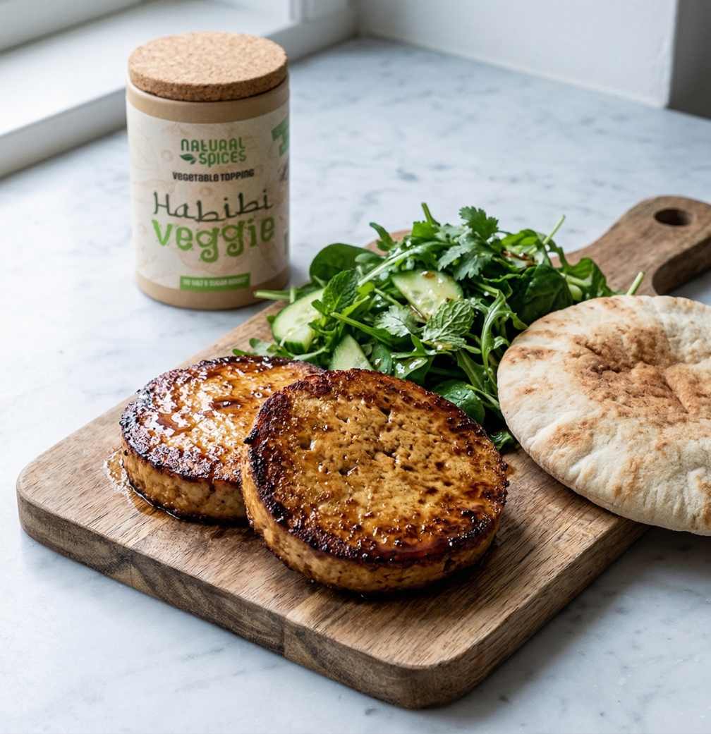 tofu burger with salad and pita roll on a wooden cutting board with a jar of habibi veggie next to it