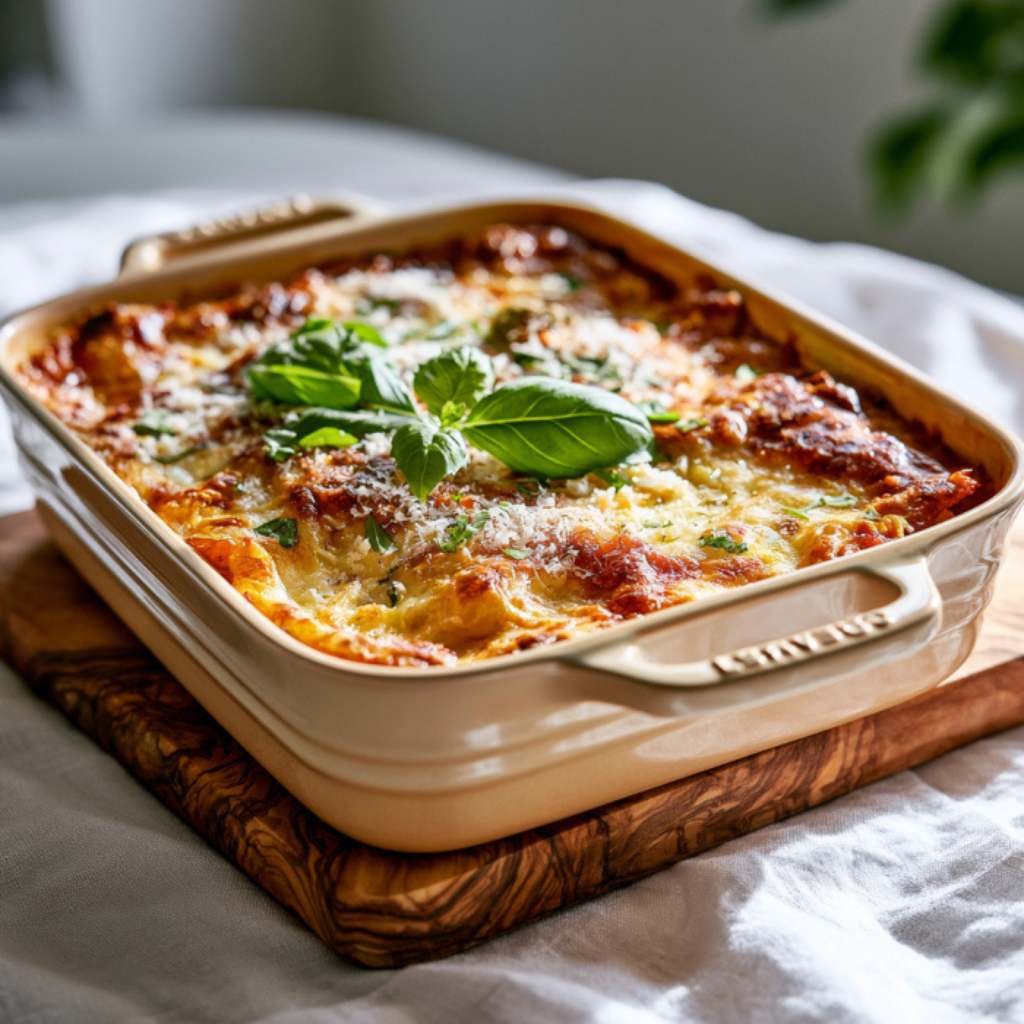 vegetarian vegetable lasagna garnished with basil on a wooden cutting board