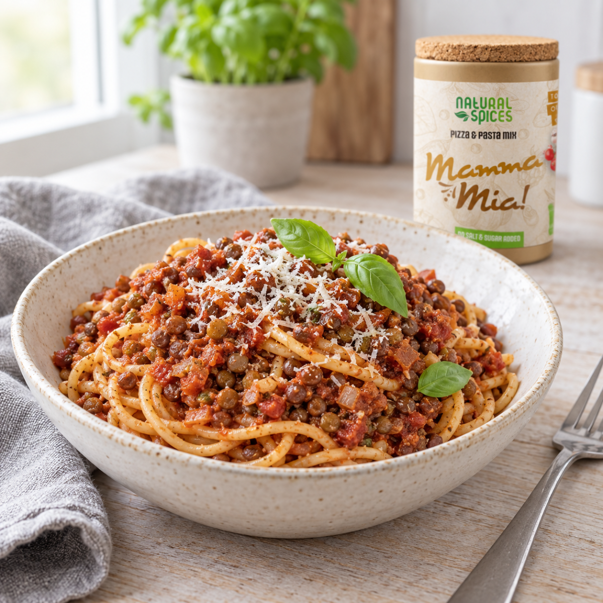 Vegetarian lentil bolognese with Mamma Mia
