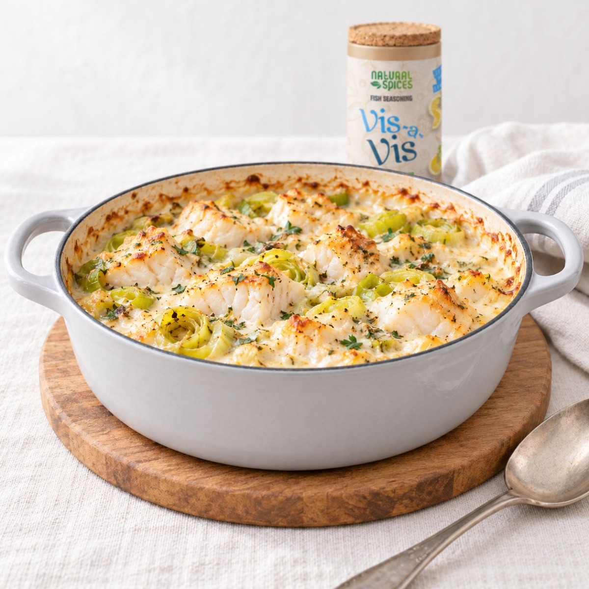fish casserole with leek and seasoned with Vis a Vis spice mix