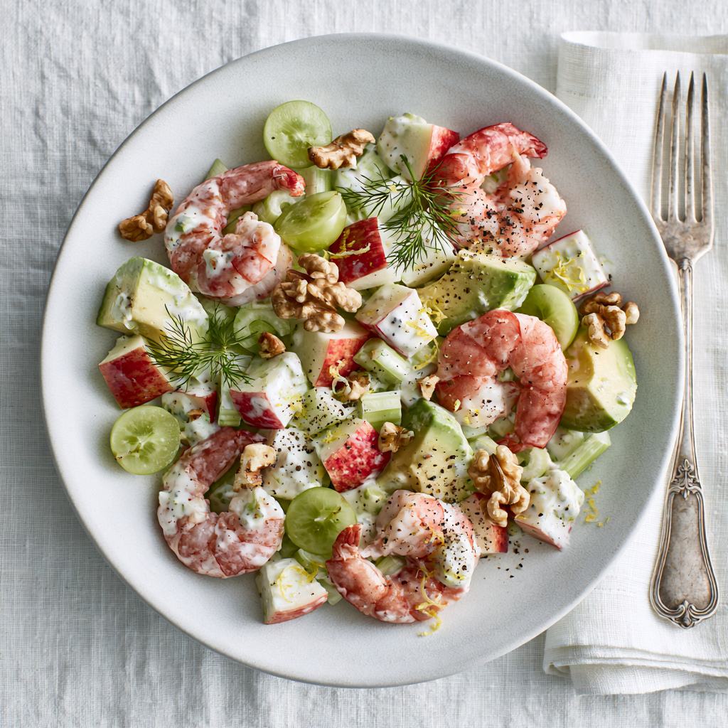 Waldorf salad with shrimp and avocado flavored with Holy Moly Guacamole