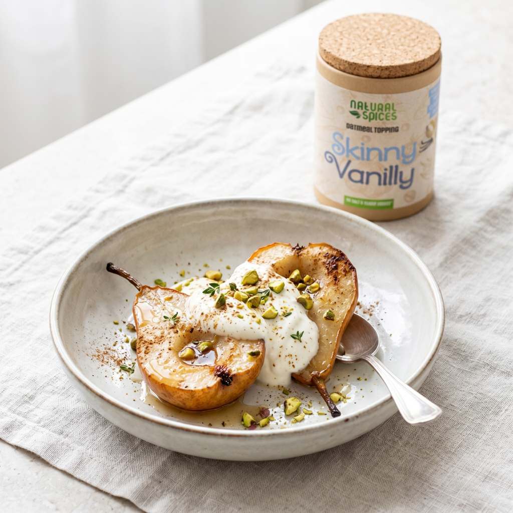 Roasted halved pears with creamy vanilla yogurt, pistachio nuts and a drizzle of honey on a light earthenware plate, with Natural Spices Skinny Vanilly oatmeal topping in the background in a fresh Scandinavian setting. Roasted halved pears with creamy vanilla yogurt, pistachio nuts and a drizzle of honey on a light earthenware plate, with Natural Spices Skinny Vanilly oatmeal topping in the background in a fresh Scandinavian setting.