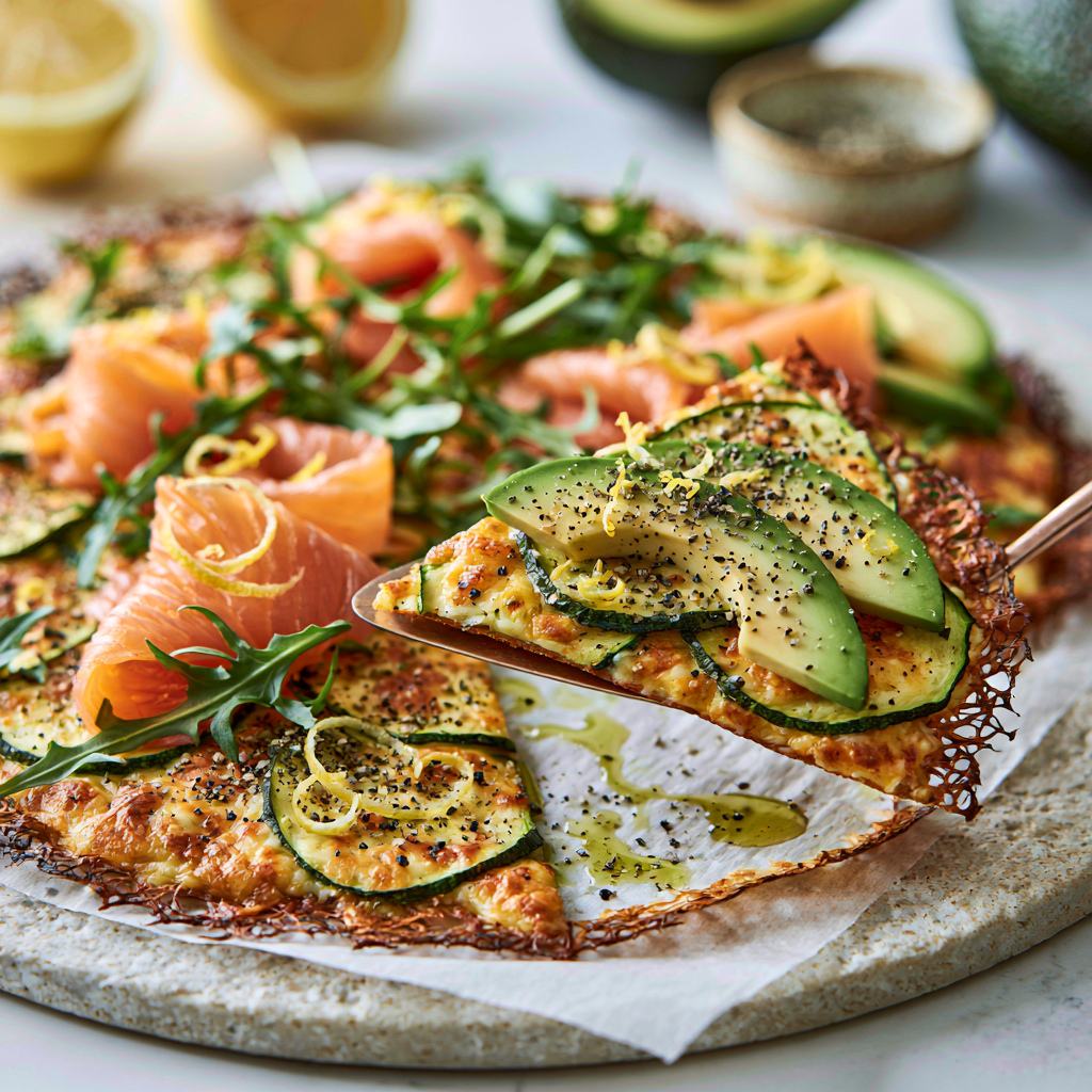Zucchini pizza with salmon, avocado and Vis à Vis
