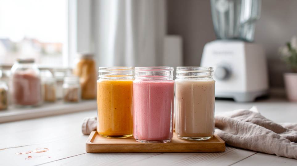 Three different smoothies (one pumpkin-orange, one strawberry-pink, one apple-cream) sit on a simple light wood tray on a white-washed kitchen table. In the soft-focus background, a white blender sits on the counter with a few scattered spice jars nearby.