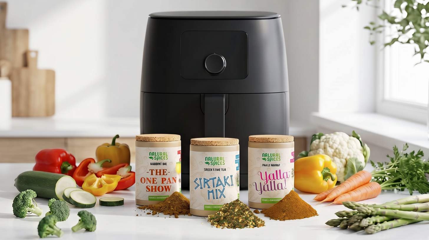 Air fryer on a kitchen countertop with Natural Spices World Mix seasonings and fresh vegetables including broccoli, bell peppers, courgette and carrots.