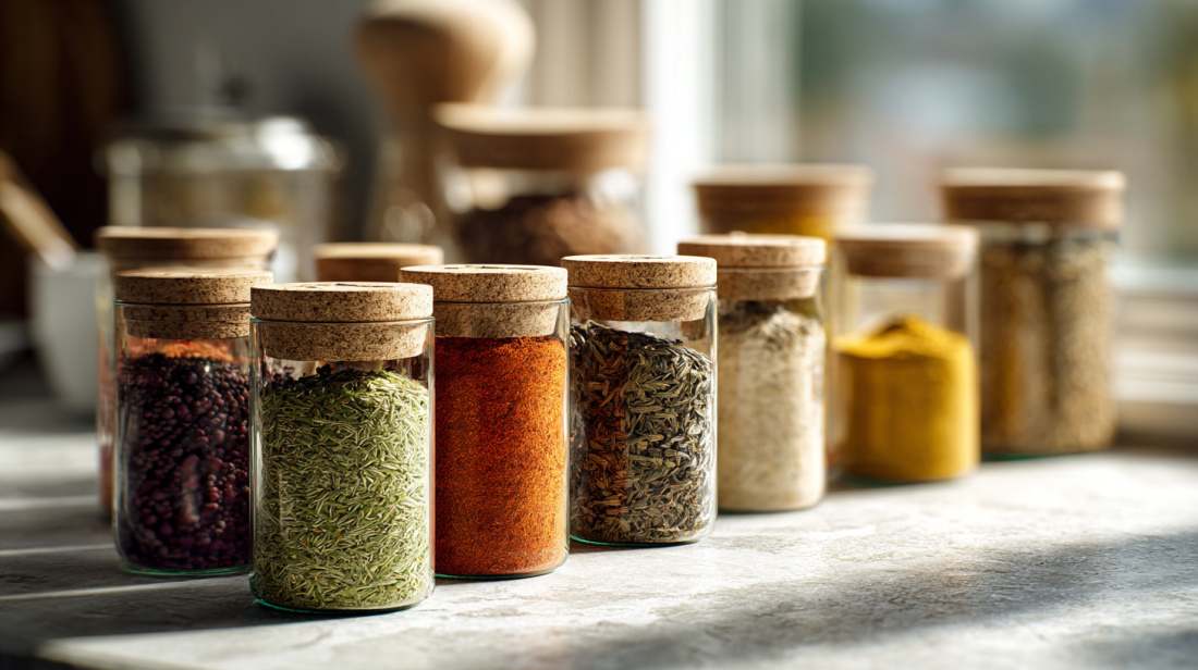 A collection of open spice jars and cardboard spice pots on a light stone kitchen countertop, filled with colourful spices such as smoked paprika, oregano, cumin and chili flakes