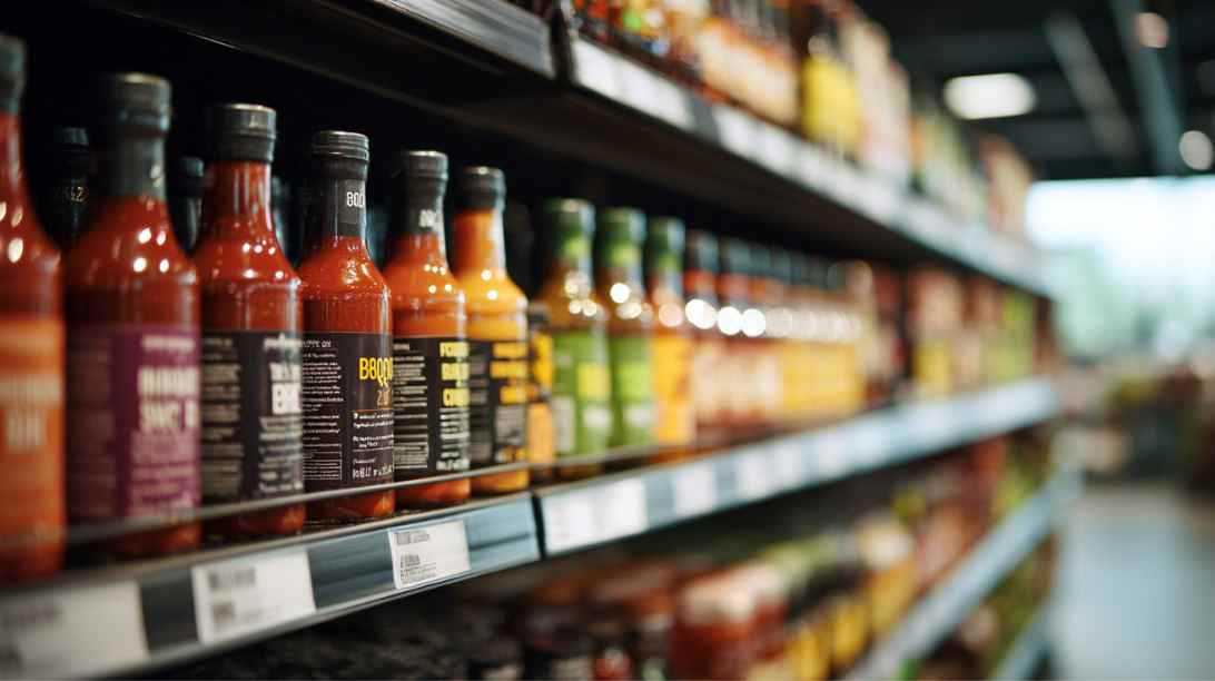 supermarket isle filled with sauce bottles