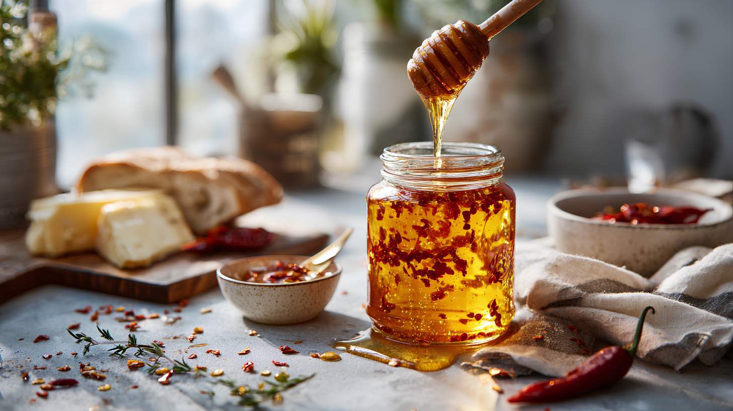 a glass jar of homemade hot honey on a kitchen top. The jar is filled with rich golden honey infused with visible chili flakes and dried red chili peppers, placed on a cool-toned stone countertop.