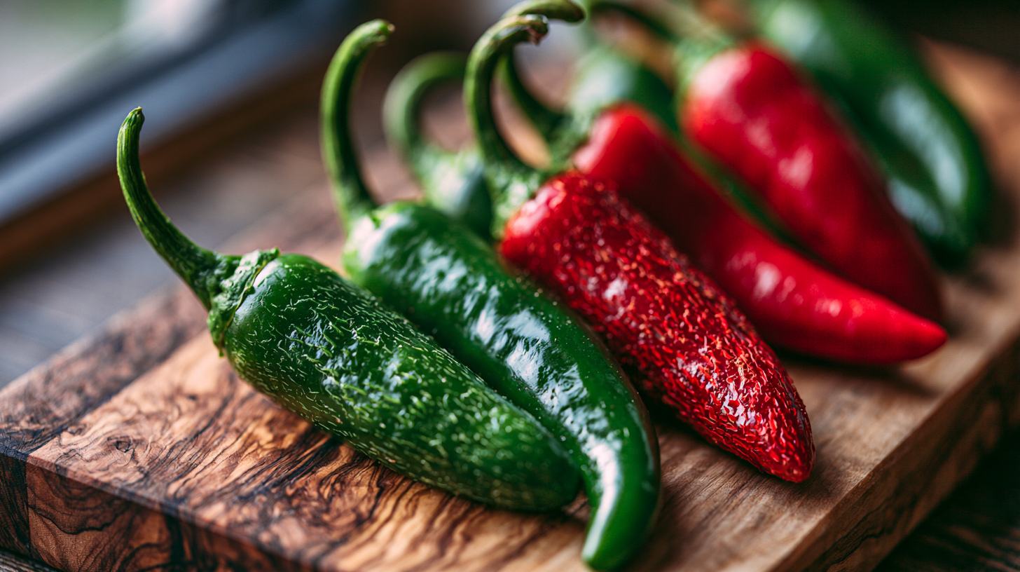 Verse groene en rode jalapeñopepers naast elkaar op een olijfhouten snijplank, waarmee het verschil tussen onrijpe en rijpe jalapeño duidelijk zichtbaar is.