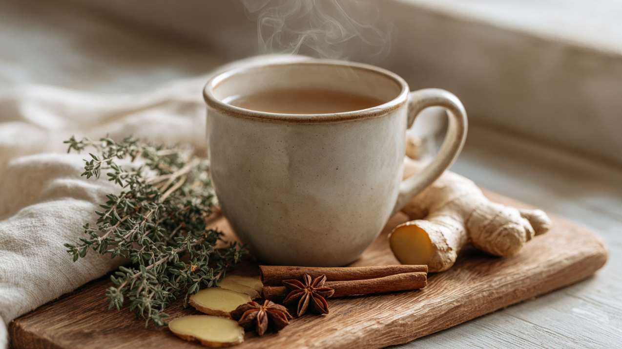 A handmade ceramic mug of steaming herbal tea on an olive wood chopping board, surrounded by fresh ginger slices, a cinnamon stick, two star anise and a small sprig of fresh thyme.
