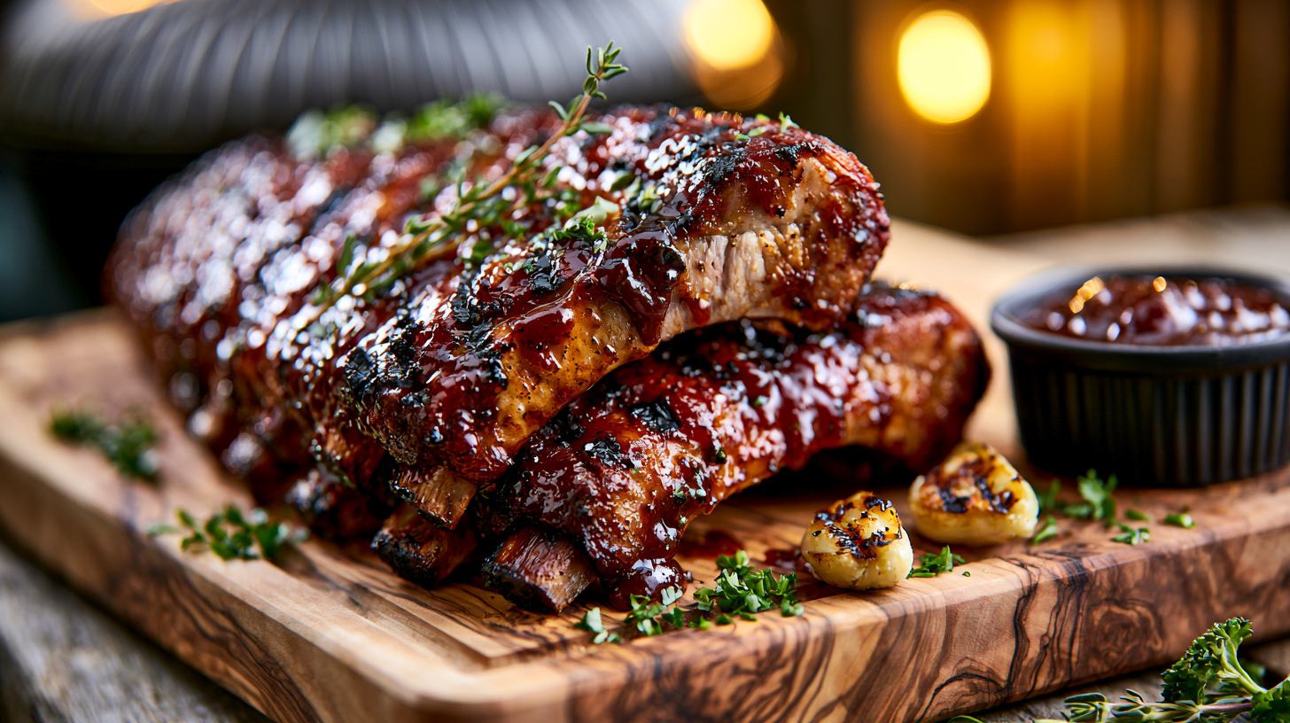 Vers gegrilde spareribs met een glanzende BBQ-glaze op een olijfhouten serveerplank, gegarneerd met verse kruiden en gegrilde knoflook, vers van de barbecue.