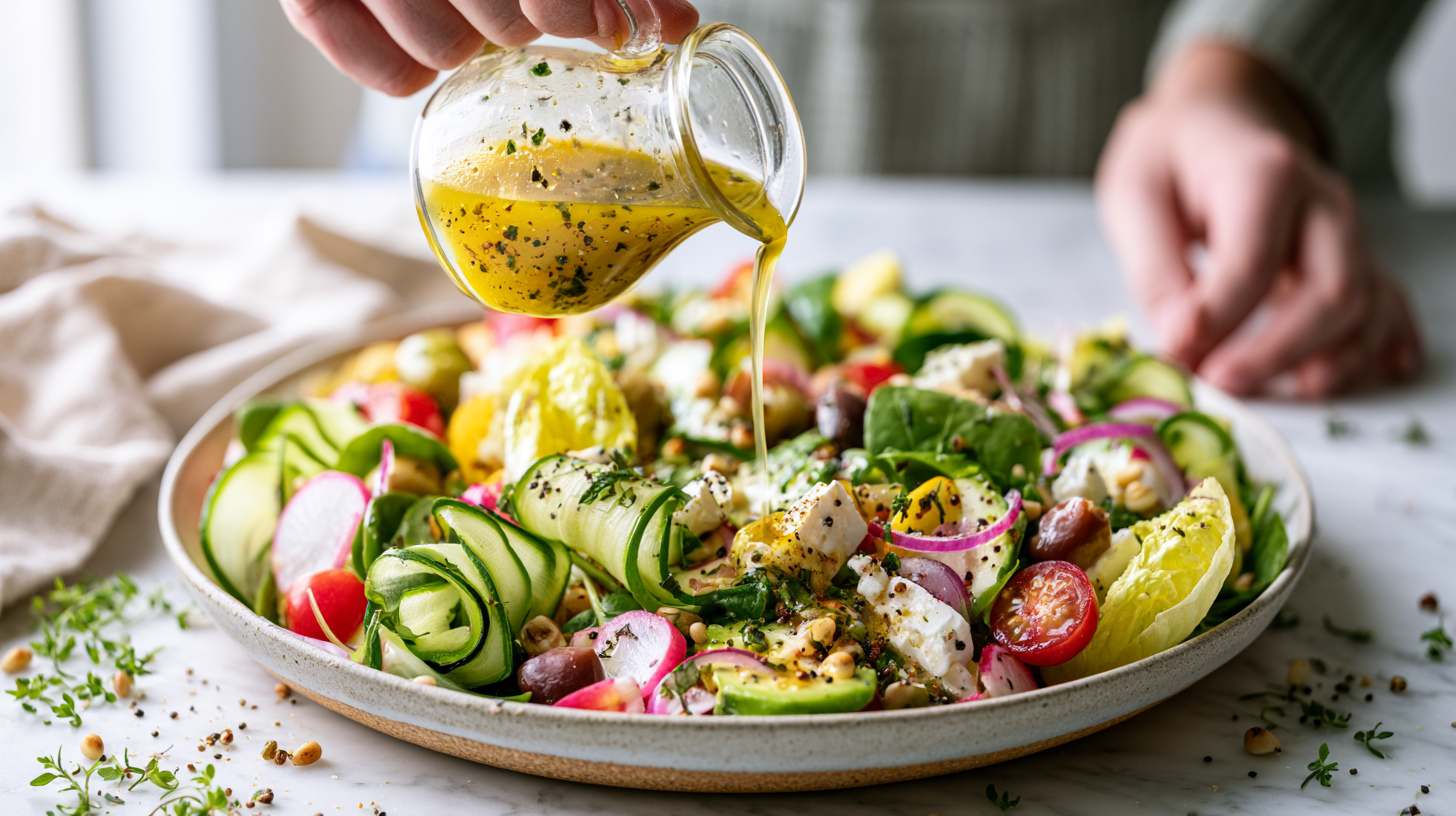Iemand schenkt een romige, huisgemaakte vinaigrette met kruiden over een kleurrijke salade met sla, komkommer, tomaat, avocado en verse kruiden.