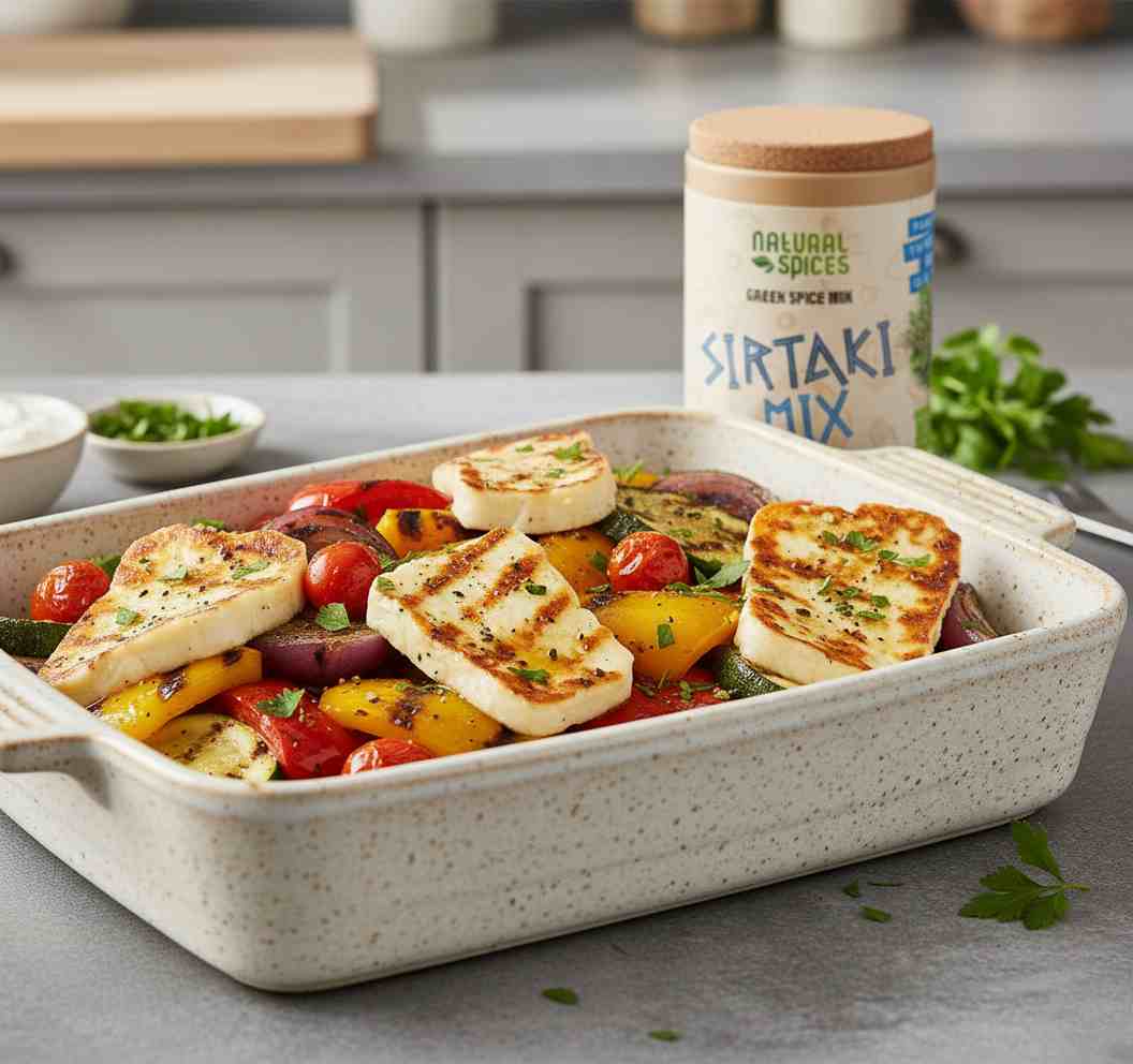 Ovenschaal met gegrilde groenten zoals courgette, paprika, rode ui en cherrytomaten met gegrilde halloumi, op smaak gebracht met Sirtaki Mix kruiden zonder zout.