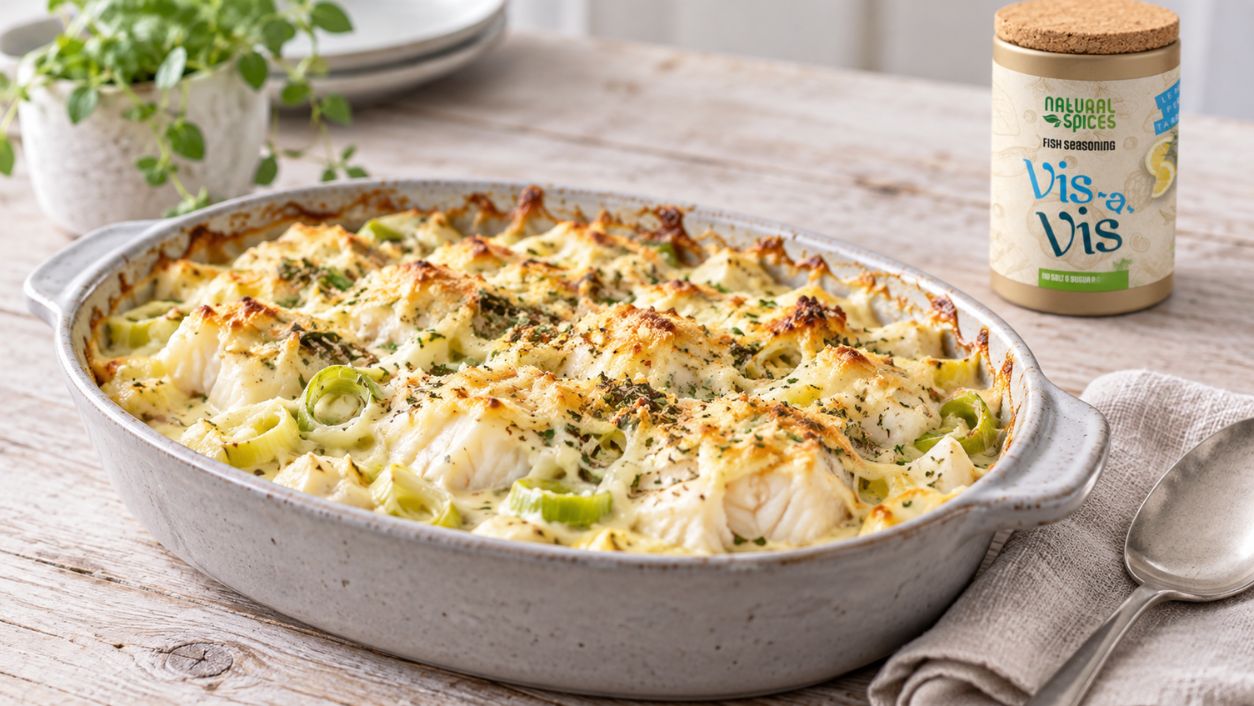 Romig vispannetje met kabeljauw en prei uit de oven, met Vis-a-Vis viskruiden subtiel op de achtergrond.