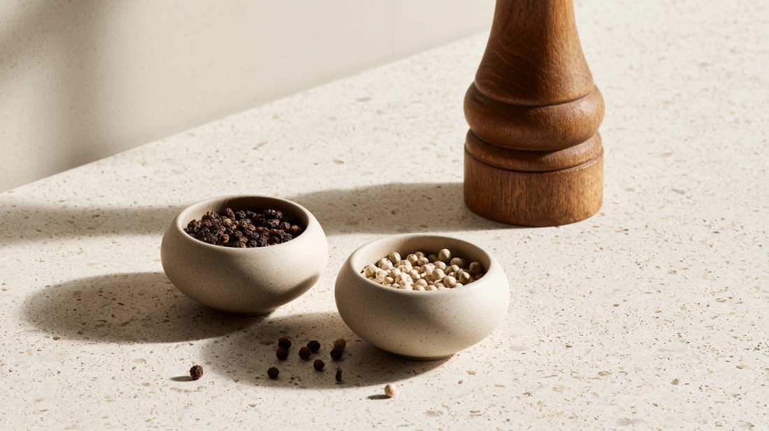 Vergelijking van zwarte peper en witte peperkorrels naast elkaar in keramische schaaltjes